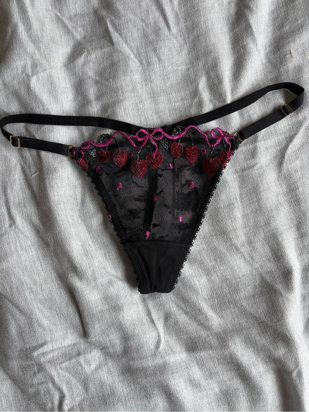 Victoria's Secret Black Thong with Pink & Red Heart Embroidery